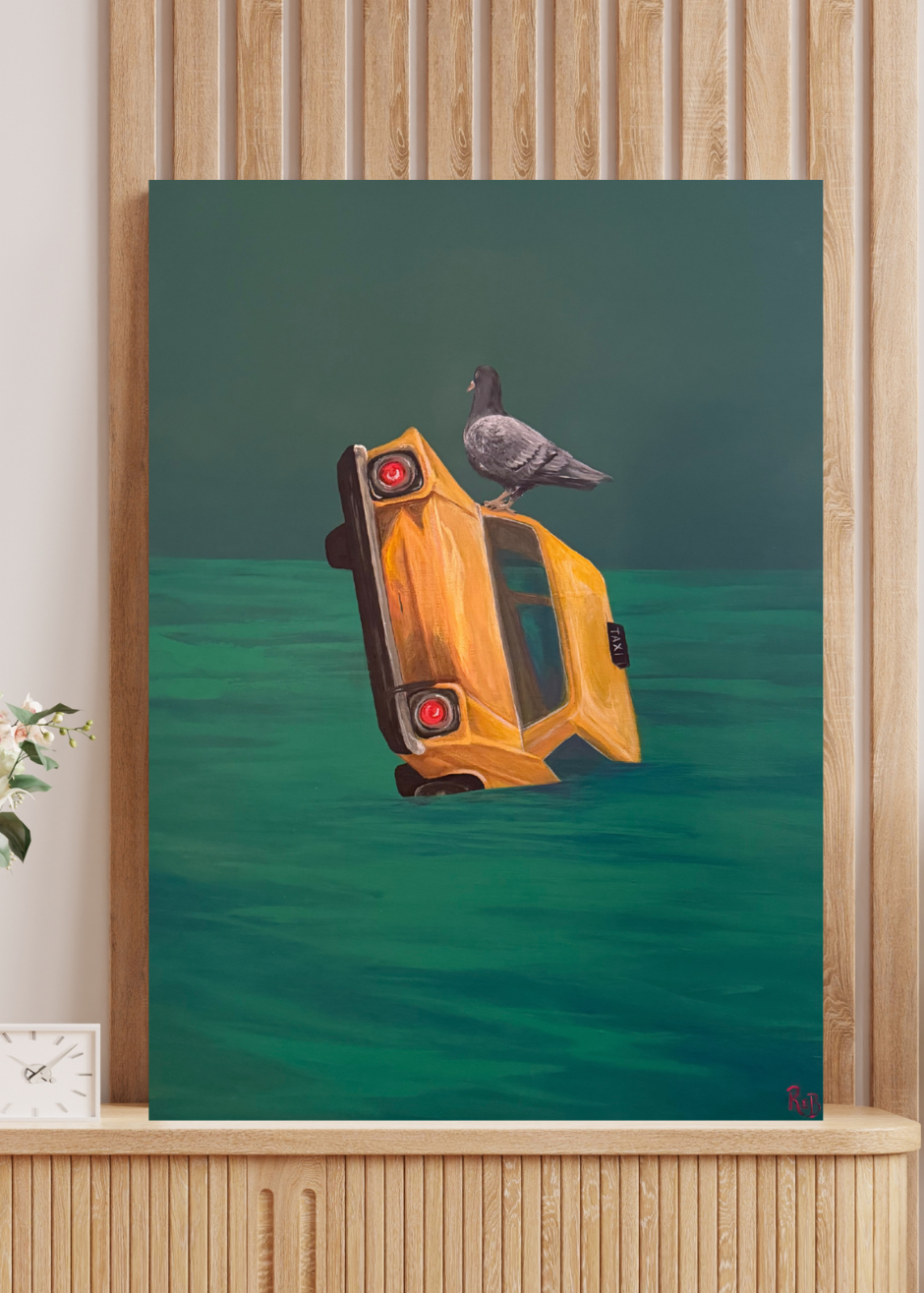 Framed artwork of a yellow taxi on water with a bird, displayed in a room with wooden paneling and decor.