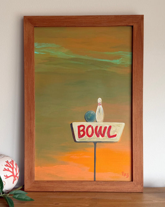 Framed painting of a bowling alley sign with a ball and pin on a green and orange background.